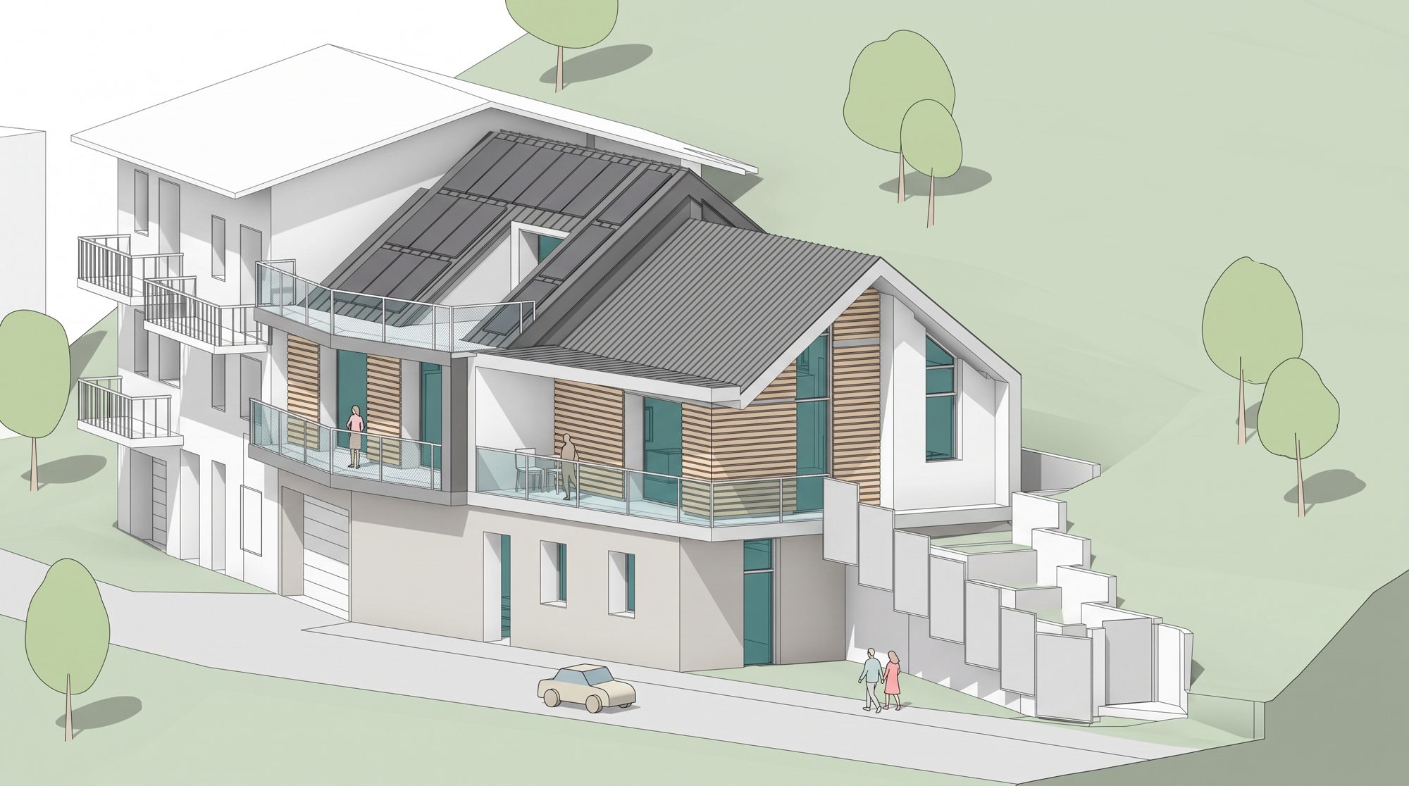 Vista assonometrica dal modello BIM di una casa con tetto a capanna, rivestimento in doghe di legno e balcone vetrato, su un pendio verde con alberi e persone stilizzati