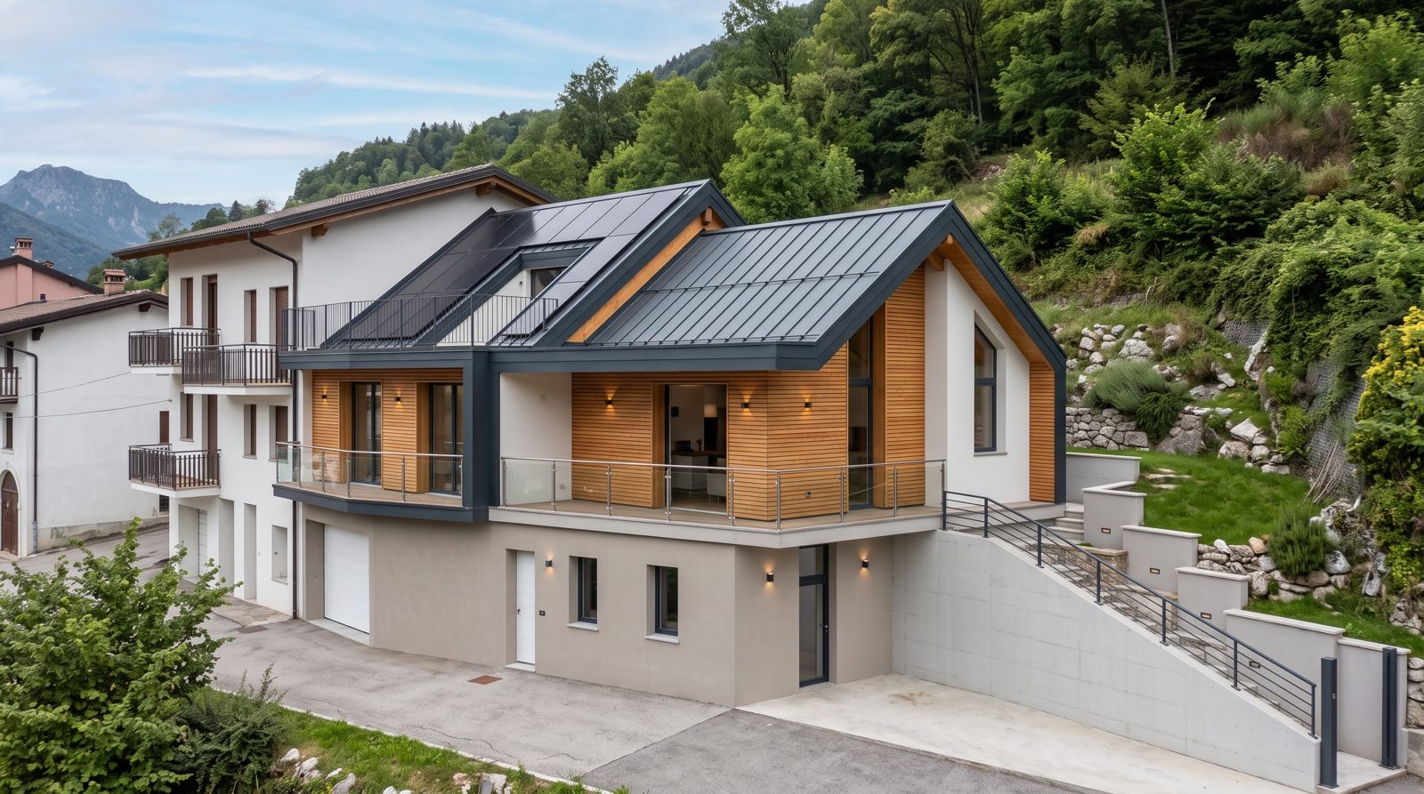 Rendering di progetto di una casa di montagna con rivestimento in larice e tetto in lamiera scura