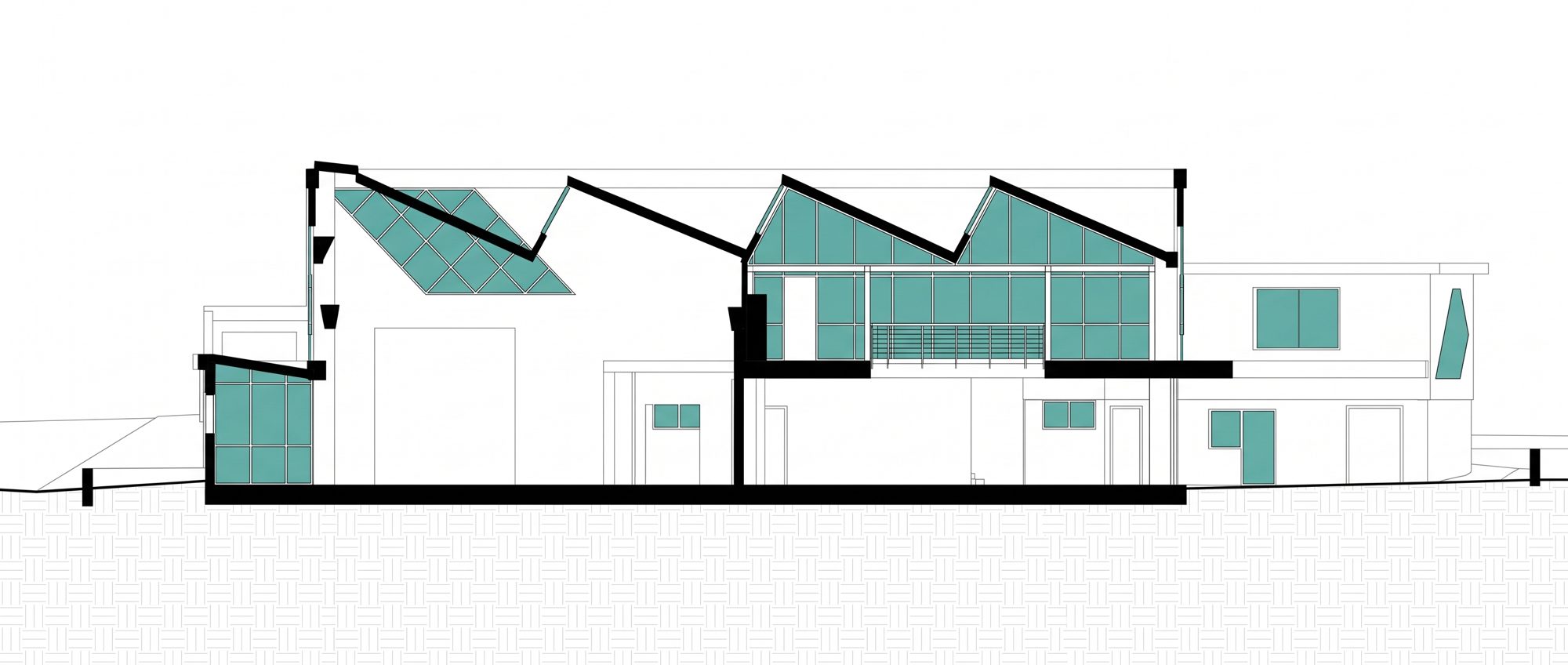Sezione dal modello di rilievo: coperture a shed, lucernario e soppalco.